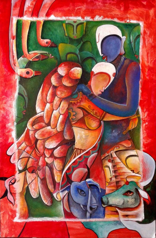 Figurative acrylic painting titled 'Inviolable Love', 20x30 inches, by artist Anupam Pal on Canvas