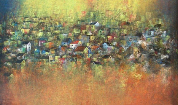 Abstract acrylic painting titled 'Iridescent Homes', 36x60 inches, by artist M Singh on Canvas