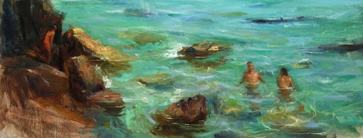 Figurative oil painting titled 'Italian Sea', 16x40 inches, by artist SURABHI GULWELKAR on Linen