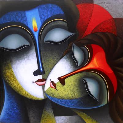 Religious acrylic painting titled 'Iternal Love', 36x36 inches, by artist Santosh Chattopadhyay on Canvas