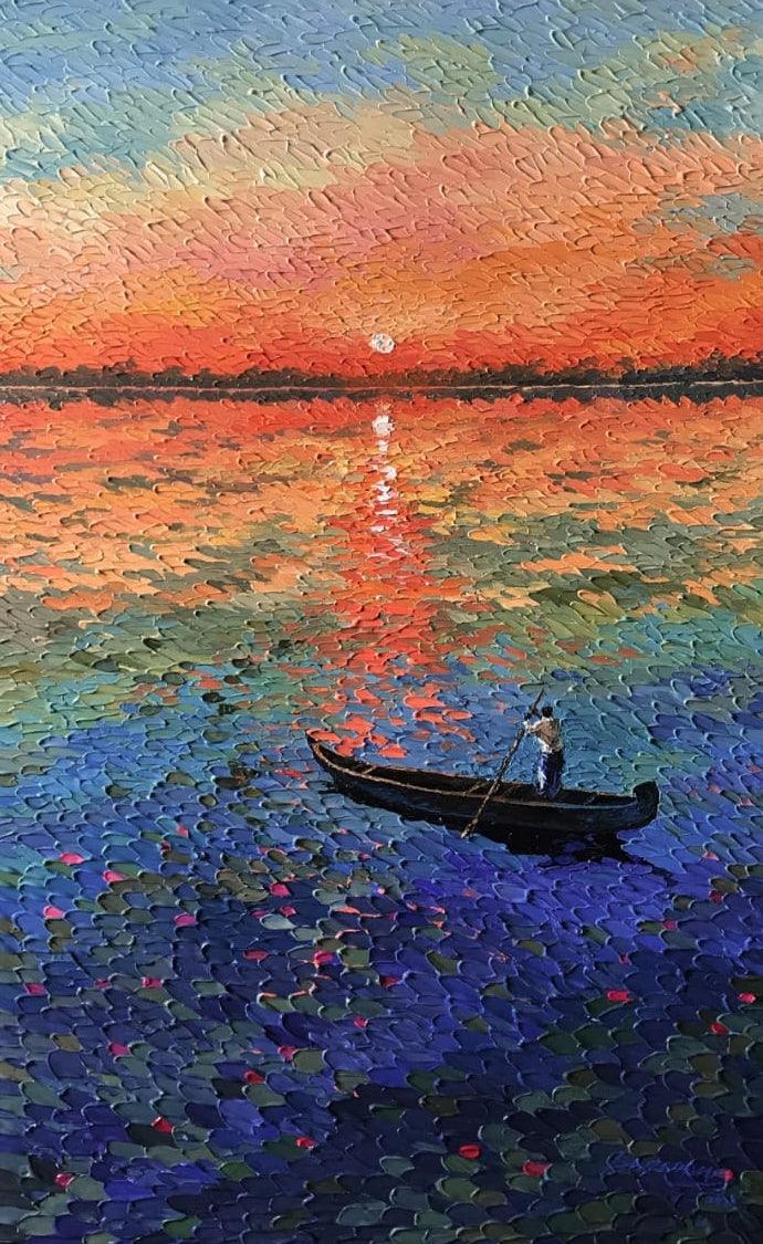 Seascape acrylic painting titled 'Its Dawn', 48x30 inches, by artist Shraddha More on Canvas