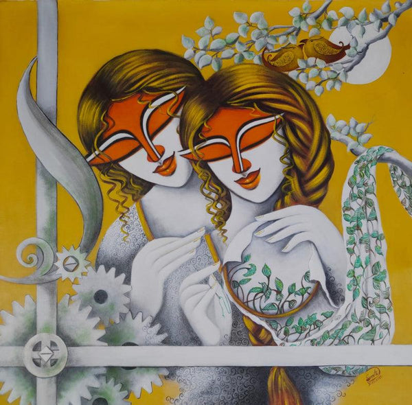 Figurative acrylic painting titled 'Its Me 3', 33x32 inches, by artist Susmita Mandal on Canvas