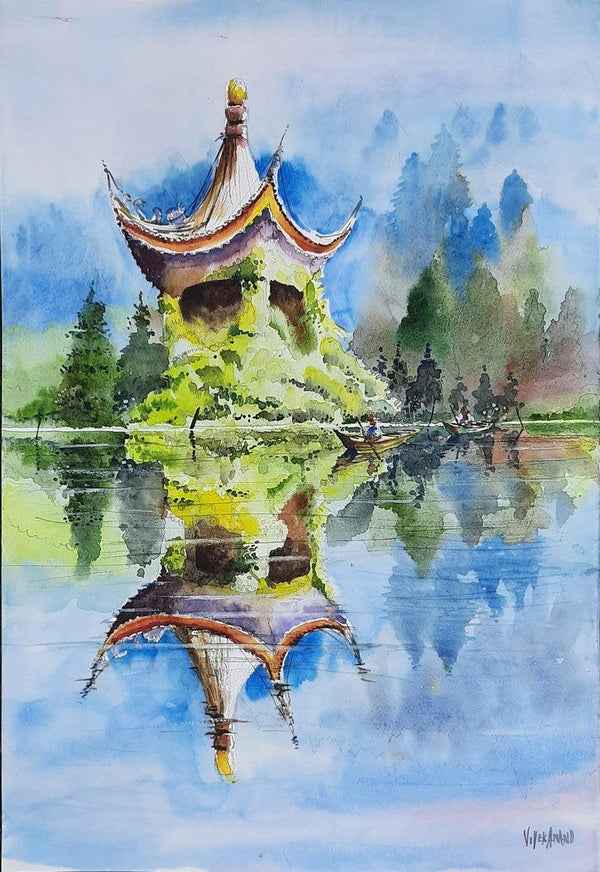 Cityscape watercolor painting titled 'Ivy Temple Xian China', 15x21 inches, by artist Vivekanand Viswam on Paper