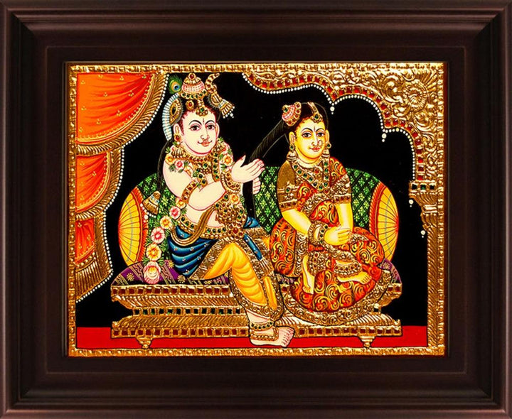 Religious tanjore traditional art titled 'Jada Krishna Tanjore Painting', 24x18 inches, by artist Myangadi Tanjore on Plywood