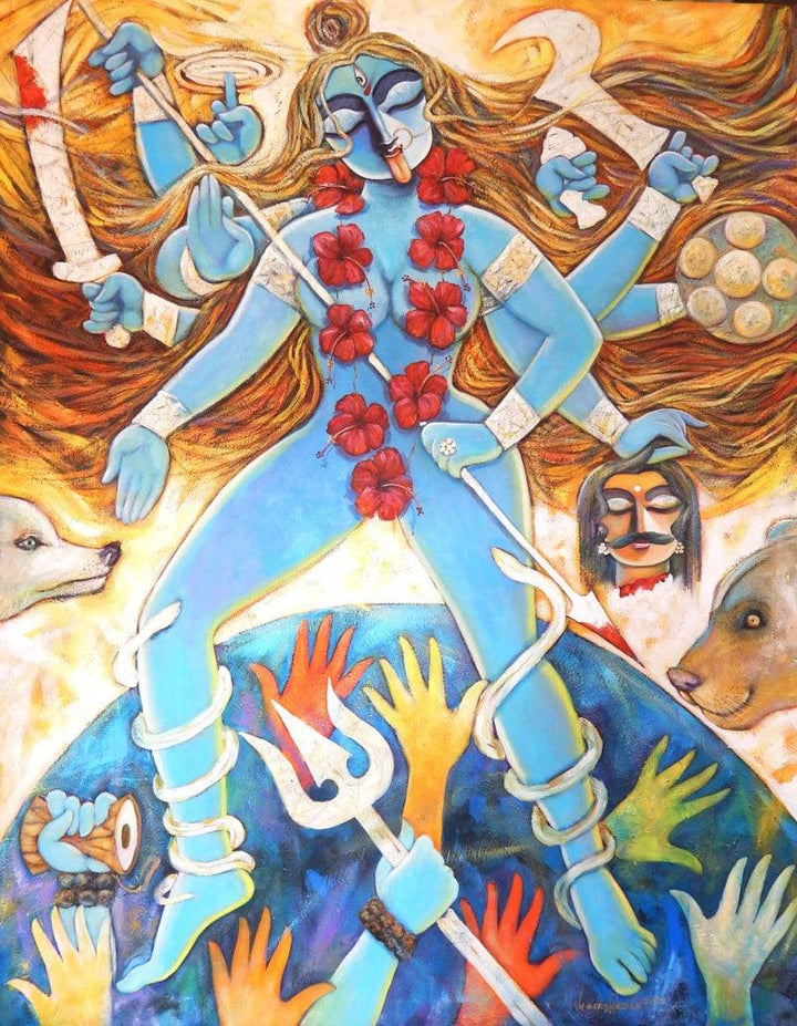 Religious acrylic painting titled 'Jaganmayee', 60x48 inches, by artist Subrata Ghosh on Canvas