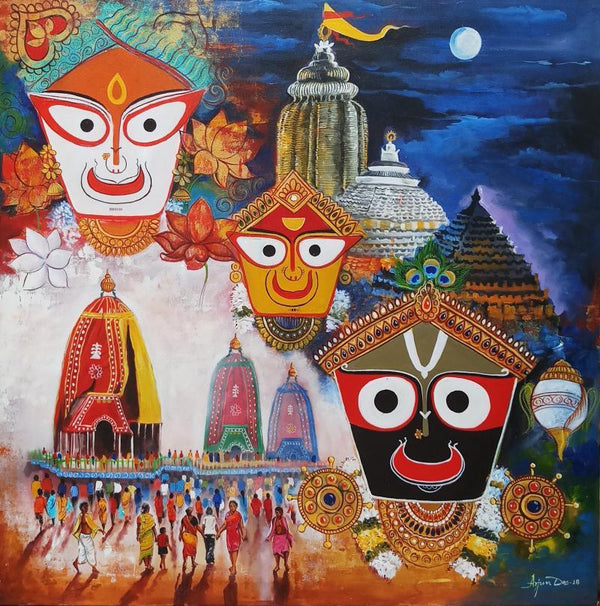 Religious acrylic painting titled 'Jagannth Rath Yatra', 48x48 inches, by artist Arjun Das on Canvas