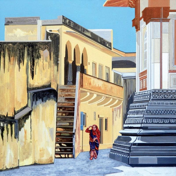 Cityscape acrylic painting titled 'Jagat Shiromani Temple', 24x24 inches, by artist Ajay Mishra on Canvas