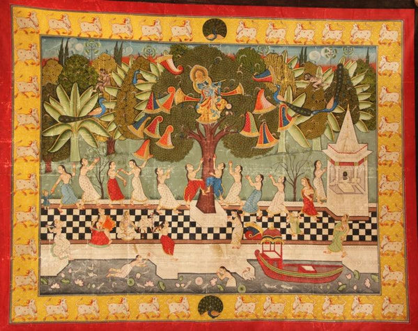 Religious pichwai traditional art titled 'Jaikrida Pichwai Painting', 48x60 inches, by artist Yugdeepak Soni on Cloth