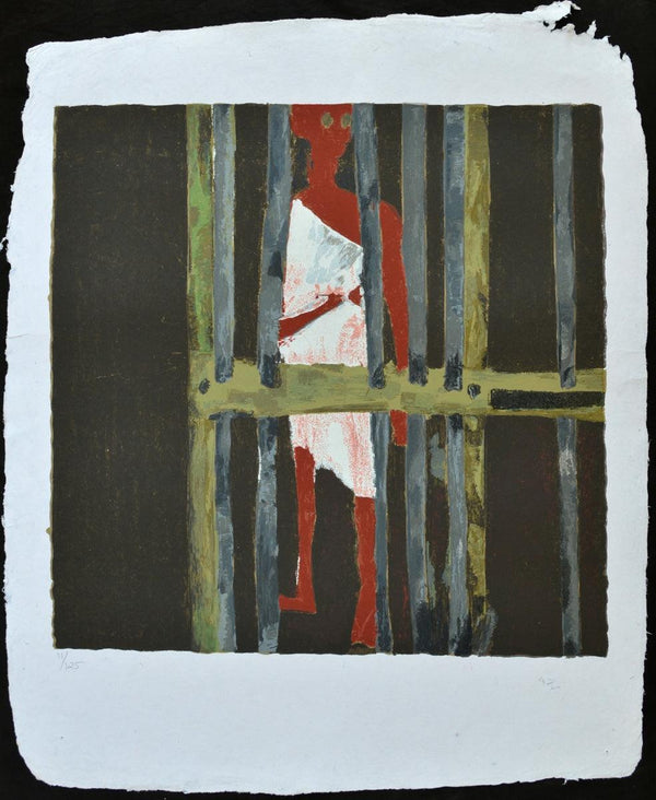 Figurative serigraphs painting titled 'Jail', 34x28 inches, by artist Haku Shah on Paper