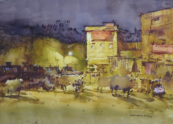 Cityscape watercolor painting titled 'Jaipur Night', 22x30 inches, by artist Amol Dubhele on Paper