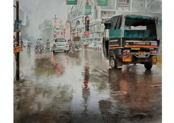 Cityscape watercolor painting titled 'Jaistambh chowk', 18x18 inches, by artist Manish Sharma on Paper