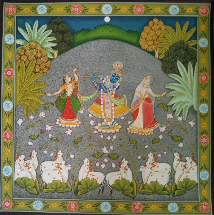 Religious pichwai traditional art titled 'Jal Kamal Pichwai On Sharad Poornima Pic', 18x18 inches, by artist Yugdeepak Soni on Cloth