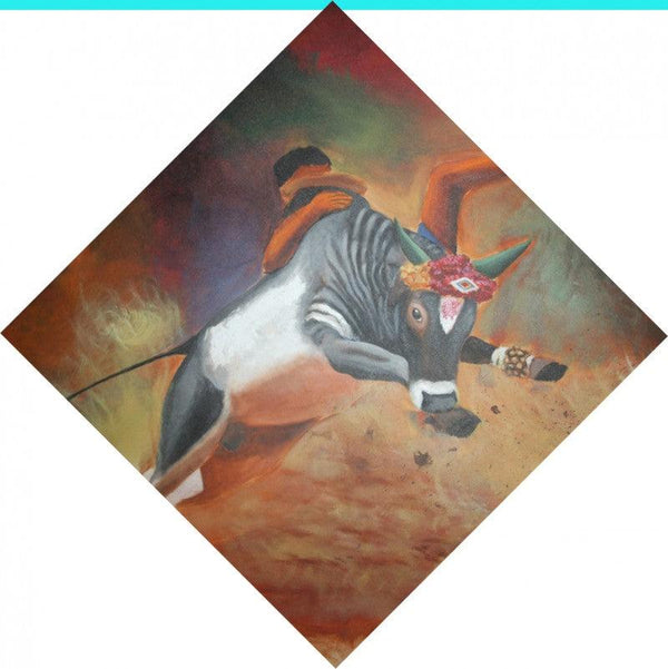 Animals acrylic painting titled 'Jallikattu', 36x36 inches, by artist Vignesh Kumar on Canvas