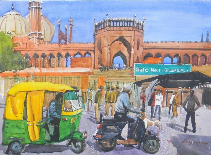Cityscape watercolor painting titled 'Jama Masjid Delhi', 22x30 inches, by artist Bipul Roy on Fabriano Paper