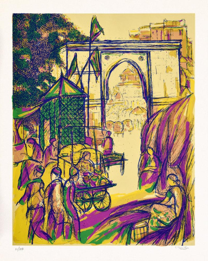 Cityscape serigraphs painting titled 'Jamalpur Darwaza', 30x24 inches, by artist Vrindavan Solanki on Paper