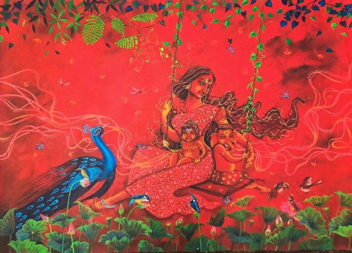 Religious acrylic painting titled 'Janani', 25x39 inches, by artist Lisha N T on Canvas