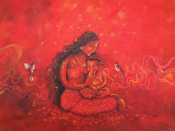 Religious acrylic painting titled 'Janani divine lullaby', 28x39 inches, by artist Lisha N T on Canvas