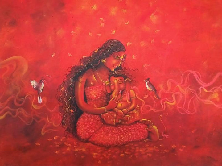 Religious acrylic painting titled 'Janani divine lullaby', 28x39 inches, by artist Lisha N T on Canvas