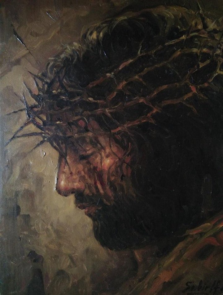 Religious oil painting titled 'Jesus', 16x14 inches, by artist Sabir Hussain on Canvas