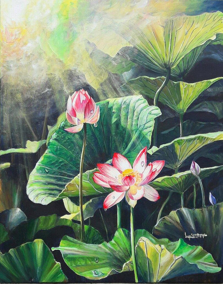 Realistic acrylic painting titled 'Jewel of the swamp', 30x24 inches, by artist Lasya Upadhyaya on Canvas