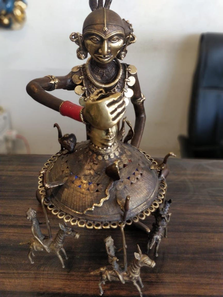 Figurative sculpture titled 'Jhula Wali Lady', 19x6x8 inches, by artist Kushal Bhansali on Brass