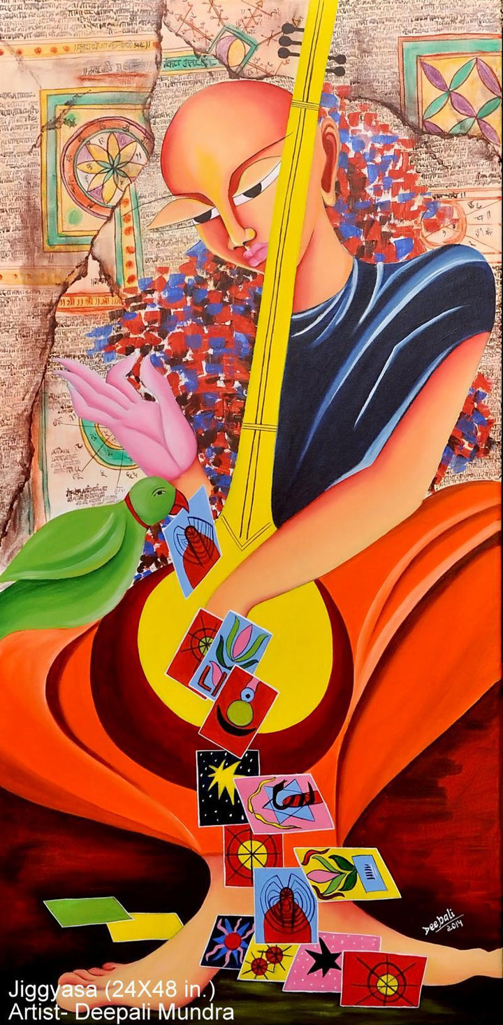 Figurative acrylic painting titled 'Jiggyasa', 48x24 inches, by artist Deepali Mundra on Canvas