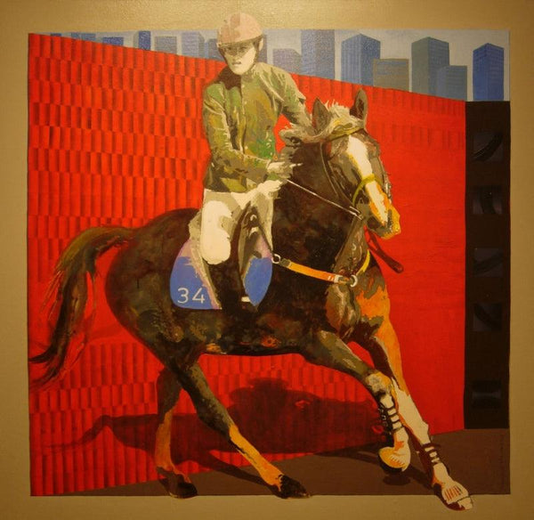 Figurative acrylic painting titled 'Jockey 1', 48x48 inches, by artist Nayanjeet Nikam on Canvas