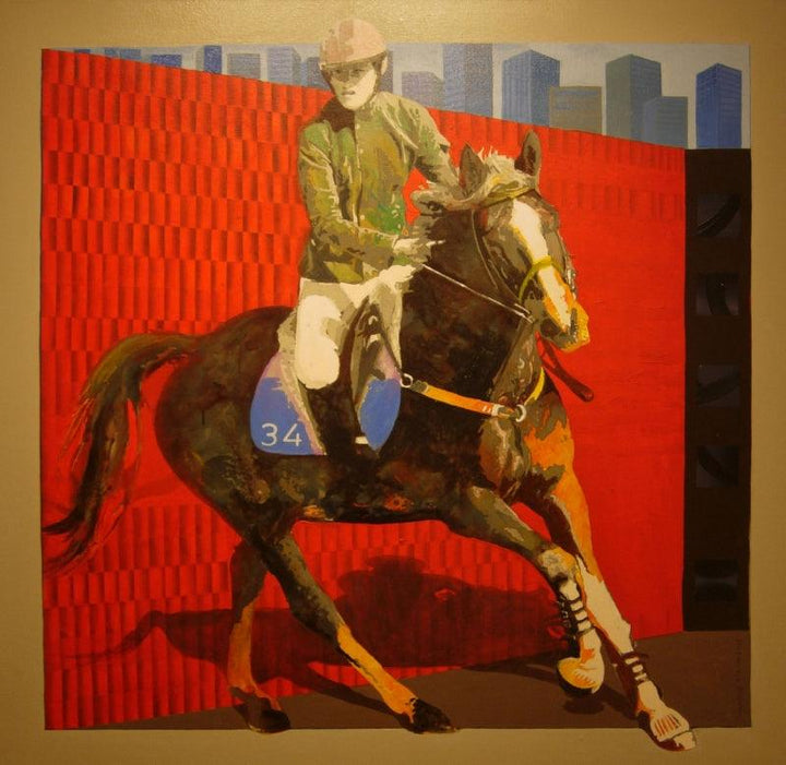 Figurative acrylic painting titled 'Jockey 1', 48x48 inches, by artist Nayanjeet Nikam on Canvas