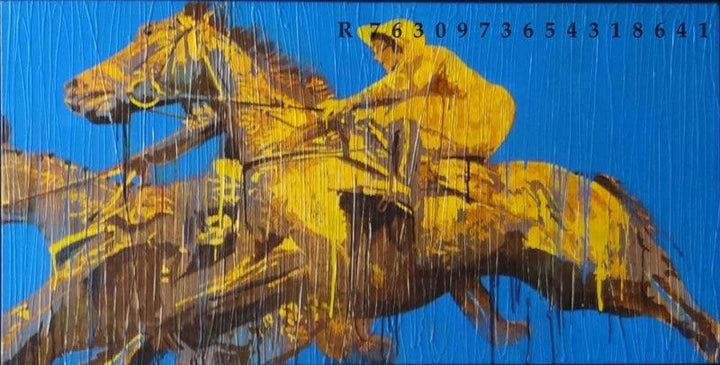 Figurative acrylic painting titled 'Jockey 2', 42x72 inches, by artist Nayanjeet Nikam on Canvas