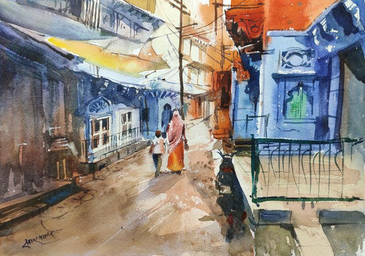 Cityscape watercolor painting titled 'Jodhpur Lane', 11x15 inches, by artist Sagar Palwe on Paper