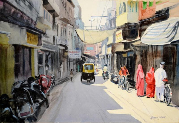 Cityscape watercolor painting titled 'Jodhpur Street 4', 14x21 inches, by artist Ramesh Jhawar on Paper