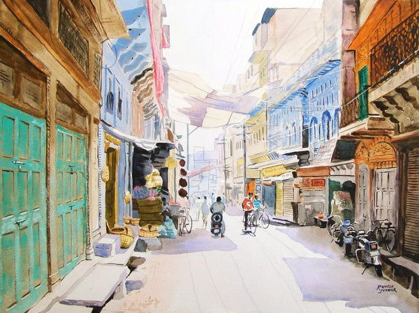 Cityscape watercolor painting titled 'Jodhpur Street', 20x15 inches, by artist Ramesh Jhawar on Paper