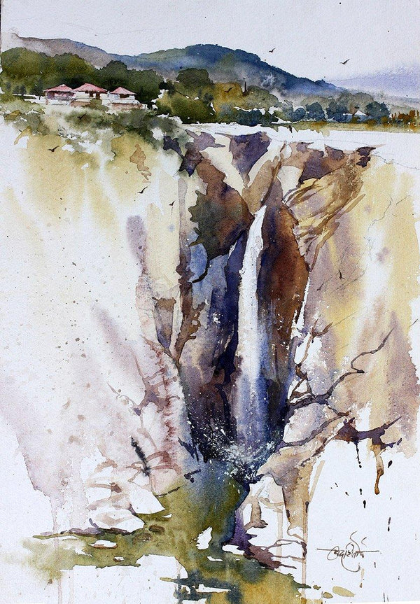 Landscape watercolor painting titled 'Jog Falls', 11x15 inches, by artist Vikrant Shitole on Paper