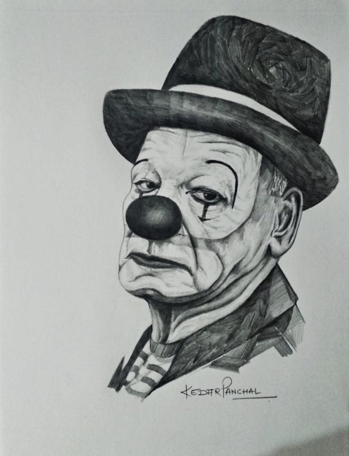 Expressionist graphite drawing titled 'Joker', 16x12 inches, by artist Kedar Panchal on Paper