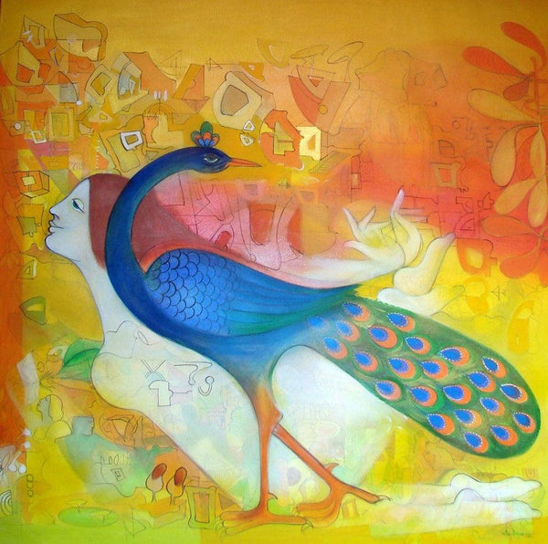 Figurative acrylic painting titled 'Joureny With Peacock', 53x53 inches, by artist Madan Lal on Canvas