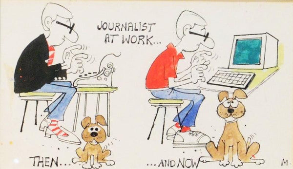 Figurative mixed media drawing titled 'Journalists At Work Then And Now', 4x7 inches, by artist Mario Miranda on Paper