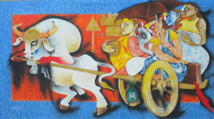 Figurative acrylic painting titled 'Journey 5', 39x72 inches, by artist Uttam Manna on Canvas