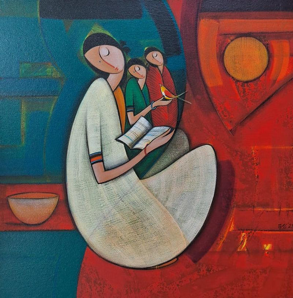 Figurative acrylic painting titled 'Journey Of A Mother 2', 24x24 inches, by artist Dattatraya Thombare on Canvas