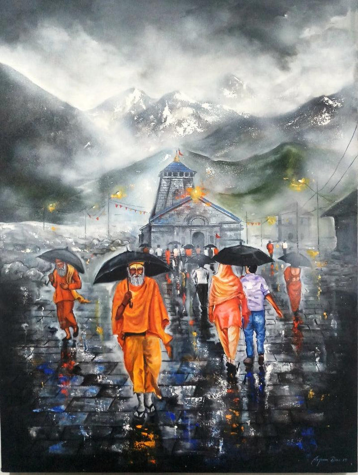 Religious acrylic painting titled 'Journey Of Kedarnath', 48x36 inches, by artist Arjun Das on Canvas