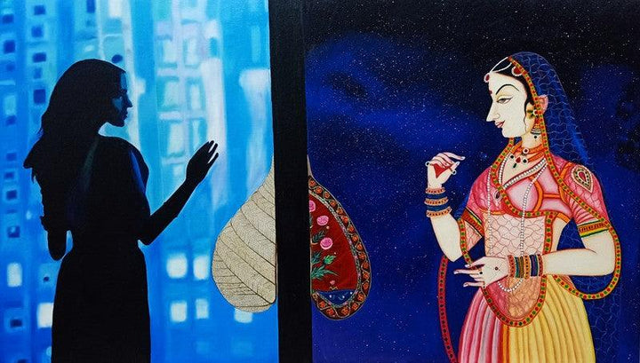 Figurative oil painting titled 'Journey of Life and Culture V', 60x33 inches, by artist Shrabani Maity on Canvas