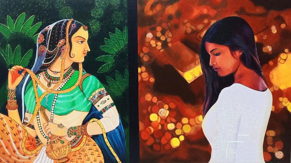 Figurative oil painting titled 'Journey of Life and Culture VI', 60x33 inches, by artist Shrabani Maity on Canvas