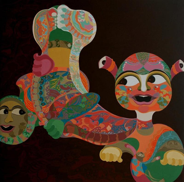 Figurative acrylic painting titled 'Journey Of Umbilicalism', 43x43 inches, by artist Tanushree Chakraborty on Canvas