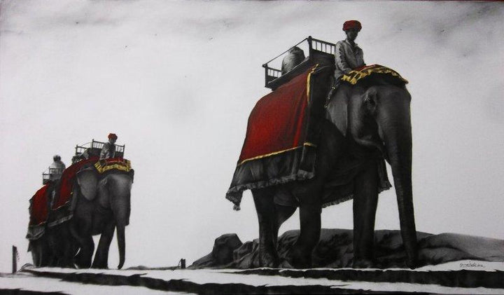 Animals charcoal painting titled 'Journey with Elephnat', 30x52 inches, by artist Yuvraj Patil on Canvas