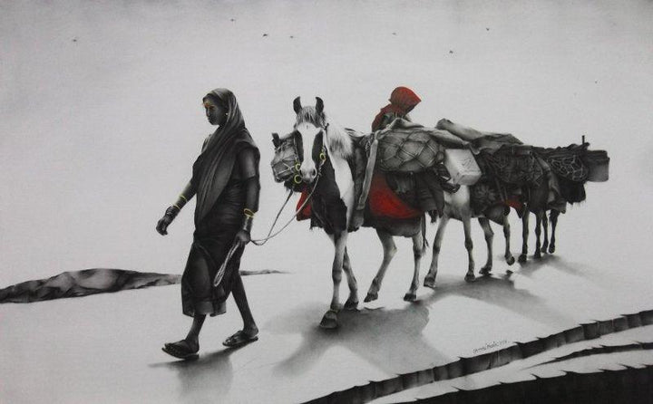 Animals charcoal painting titled 'Journey with Horse', 30x48 inches, by artist Yuvraj Patil on Canvas