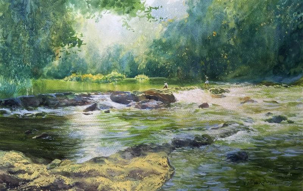 Figurative watercolor painting titled 'Joy Of Water', 13x20 inches, by artist Avishkar Vispute on Paper