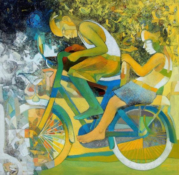 Figurative acrylic painting titled 'Joy On Wheels', 48x48 inches, by artist Braj Mohan Arya on Canvas