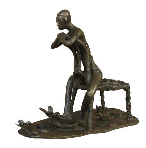 Figurative sculpture titled 'Joyful Mood I', 11x11x6 inches, by artist Asurvedh Ved on Bronze