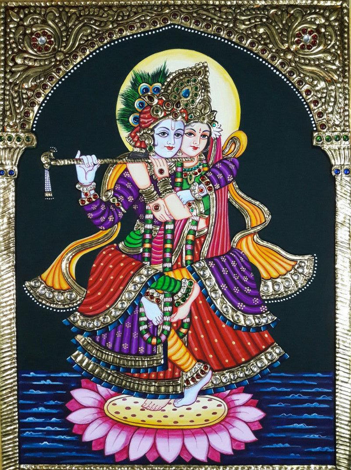 Religious tanjore traditional art titled 'Jugaljodi', 16x12 inches, by artist Sanjay Tandekar on Cardboard