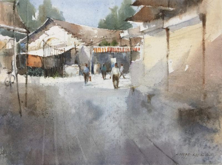 Cityscape watercolor painting titled 'Jumma Bazar', 11x15 inches, by artist Shadab Kazi on Paper