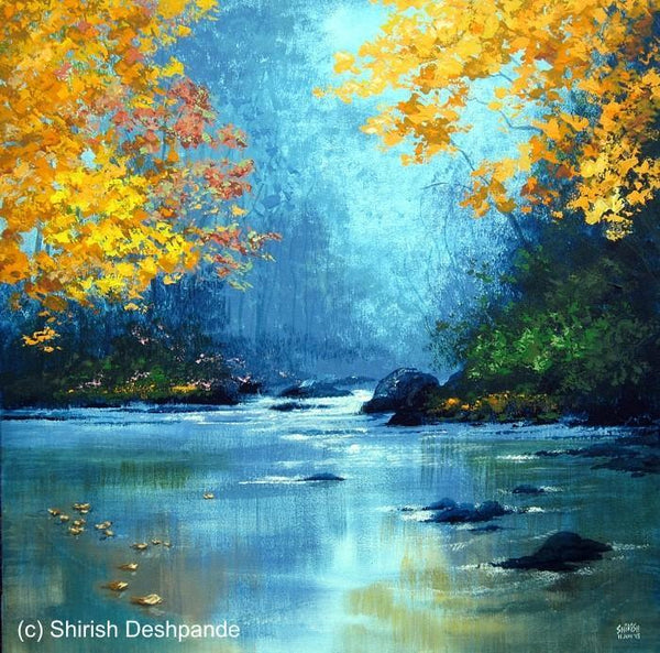 Landscape acrylic painting titled 'Jungle Stream', 30x30 inches, by artist Shirish Deshpande on Canvas